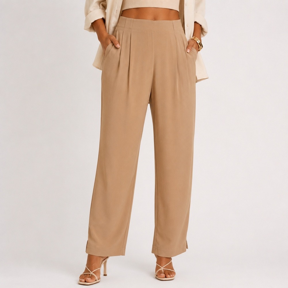 Vintage Dana Buchman Silk Pants Womens 8 Tan Tapered Split Hem High Waist Dress